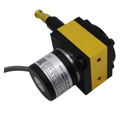 Pro Grade Linear Position Sensor With 1000mm Measurement Range, 5 to 24V Supply, Push Pull Incremental Encoder, Non Contact Magnetic Displacement Sensor For Rugged, High Resolution Precision In Industrial Apps. Close-up, showing connector and housing.