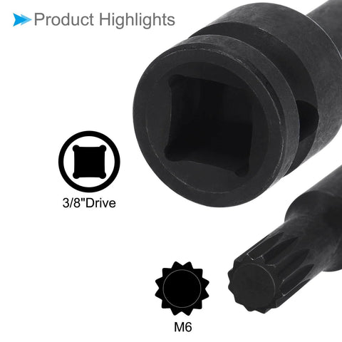 Impact Spline Bit Socket M6 Metric 60mm Long For Three Eighths Inch Drive Chrome Molybdenum Steel One Piece Construction Pro Grade Heavy Duty Auto Shop Tool For Installation And Removal Of Fasteners.