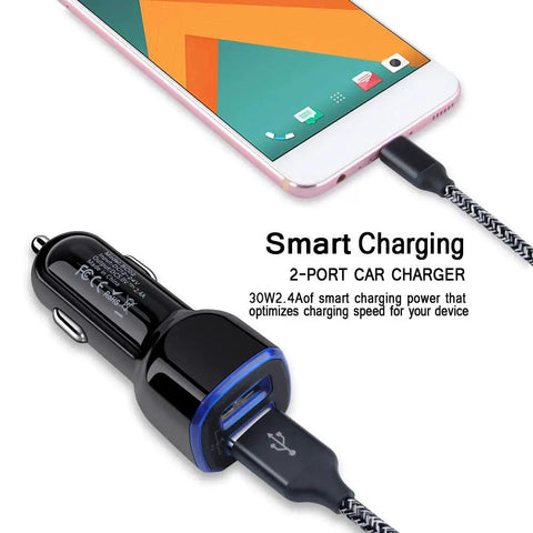 Heavy Duty Type C Fast Car Charger With Included Cable For Samsung And Android Devices Quick Cigarette Lighter Adapter Plug connected to smartphone.