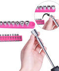 Hands holding socket wrench from 148 Piece General Household Tool Set With Pink Plastic Toolbox Storage Case For DIY Home Repairs And Craft Projects Includes Durable Heat Treated Hand Tools
