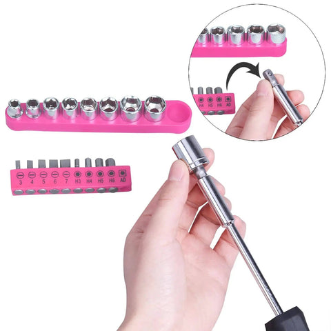 Hands holding socket wrench from 148 Piece General Household Tool Set With Pink Plastic Toolbox Storage Case For DIY Home Repairs And Craft Projects Includes Durable Heat Treated Hand Tools