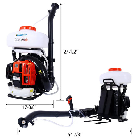 Gas Powered Backpack Sprayer And Cold Fogger With 51.7cc Engine And 14L Tank For Garden Spraying, side and rear views with dimensions