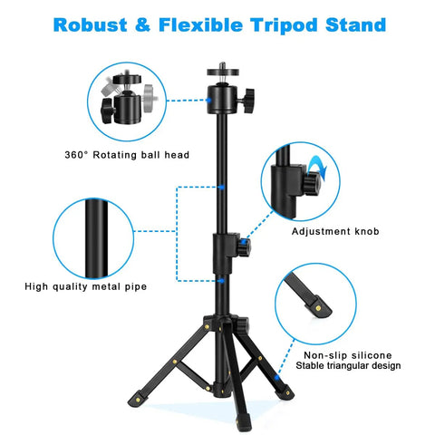 Extendable Desk Webcam Tripod Stand For Cameras And More with rotating ball head, metal pipe, adjustment knob, and silicone grip.