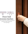 Hand interacting with door using 12 pack plastic door ball catch latches for cabinets closets drawers keeps doors snug and secure