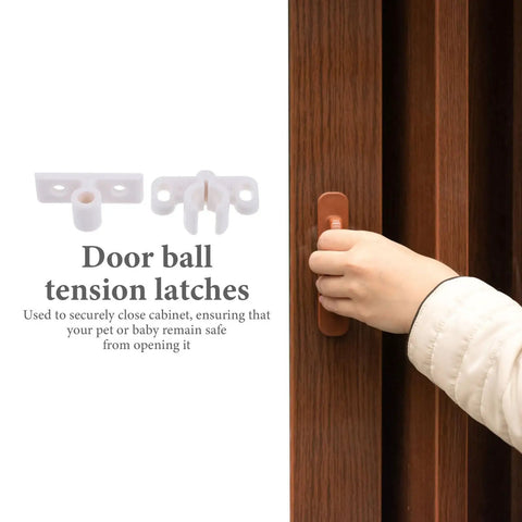 12 Pack Plastic Ball Catch Door Latches for Cabinets and Closets white latch next to a hand opening a wooden cabinet