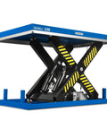 Heavy Duty Electric Hydraulic Lift Table With Wireless Remote 8,800 Lb Capacity Big Platform 66.9 X 47.2 Inches side view showing hydraulic system and safety features.