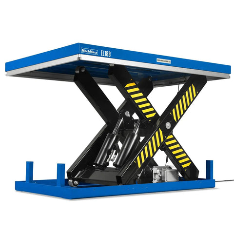 Heavy Duty Electric Hydraulic Lift Table With Wireless Remote 8,800 Lb Capacity Big Platform 66.9 X 47.2 Inches side view showing hydraulic system and safety features.