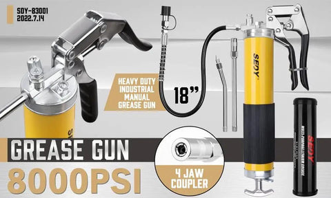 Heavy Duty Grease Gun Kit With Free 14oz Tube 8000 PSI Pistol High Pressure Lubrication Tool with hose and adapters