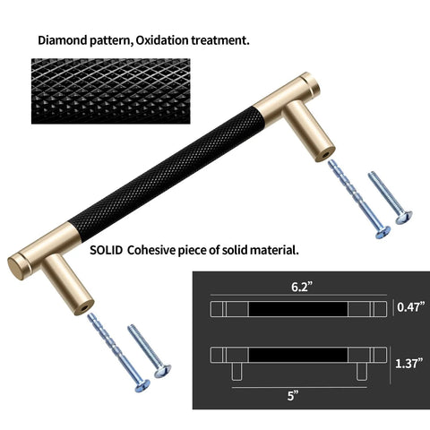 12 Pack Knurled Cabinet Handles 5 Inch Hole Center 6.2 Inch Length Aluminum Pulls Gold And Black Oxidation Finish
