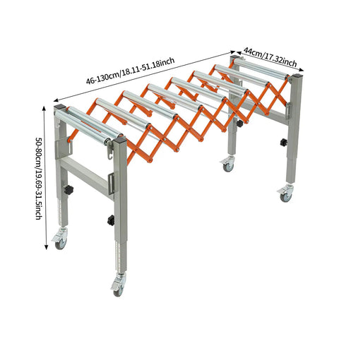 Heavy Duty Adjustable Conveyor Rollers Stand Expandable 18 To 51 Inch Table Saw Outfeed Roller For Woodworking With Locking Casters Portable Workshop Support System with orange and silver color.
