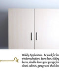 Gate Hook and Eye Latch with Screws Cabin for Sliding Window Barn Door shows a gold latch against a cabinet background.