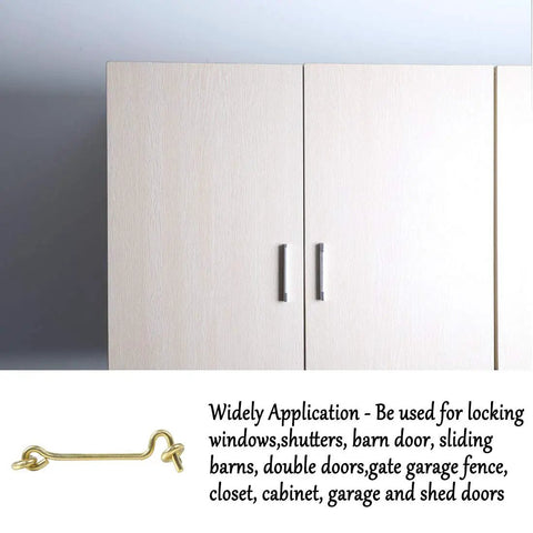 Gate Hook and Eye Latch with Screws Cabin for Sliding Window Barn Door shows a gold latch against a cabinet background.