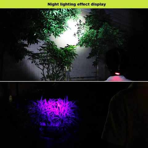 Dope UV Headlamp With White Light 395nm Blacklight Zoomable Head Torch illuminating plants with white and UV light at night.