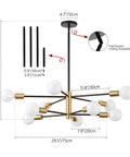 Diagram of Sputnik Style 10 Light Chandelier Over Dining Table in Black and Gold Dope Mid Century Vibe Pendant Lighting with measurements.