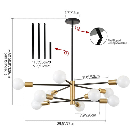 Diagram of Sputnik Style 10 Light Chandelier Over Dining Table in Black and Gold Dope Mid Century Vibe Pendant Lighting with measurements.