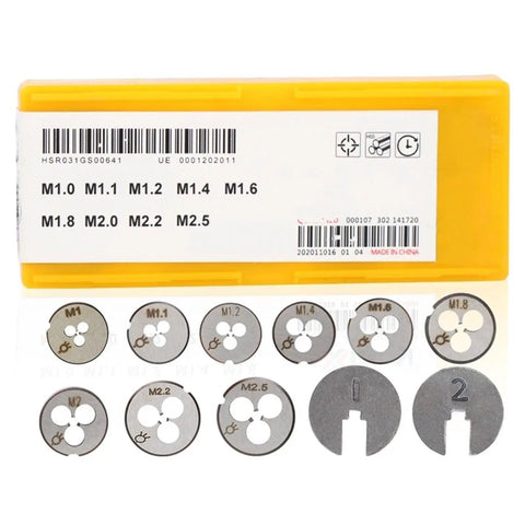 Kickstart Your DIY Projects With This Slick 31 Piece Metric Tap Die Set Including All Sizes From M1 To M2.5 Plus Handy T-Wrench For Serious Thread Cutting And Repair Work You Can Trust. yellow case with metric taps and dies M1 to M2.5