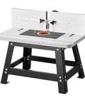 Benchtop Router Table With 24 by 15.7 Inch MDF Top And Adjustable Fence, sturdy metal base, used for woodworking.