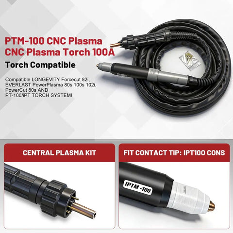 CNC Plasma Torch Kit For Non HF Pilot Arc Systems Shop Ready Pro Grade Setup With PTM100 PT100M IPT 100 IPT Torch curled up on surface