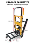 Powerful Electric Stair Climbing Dolly With Adjustable Speeds And Strong 440 Pound Max Load Capacity, Motorized Hand Truck For Heavy Moving And Logistics, 6 Wheel Track System with adjustable height and dimensions shown.