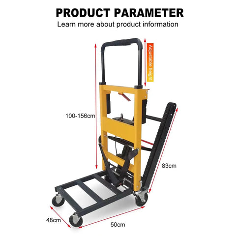 Powerful Electric Stair Climbing Dolly With Adjustable Speeds And Strong 440 Pound Max Load Capacity, Motorized Hand Truck For Heavy Moving And Logistics, 6 Wheel Track System with adjustable height and dimensions shown.
