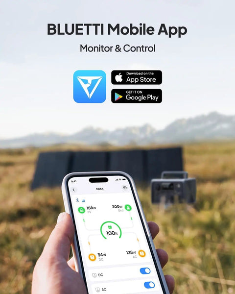 Person holding a phone with app interface, solar panels in background, demonstrating Portable Power Station with 268Wh LiFePO4 Battery Solar Generator.