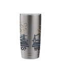 Stainless steel insulated tumbler with woodturning lathe workshop illustration on silver finish.