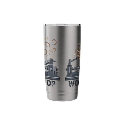 Stainless steel insulated tumbler with woodturning lathe workshop illustration on silver finish.