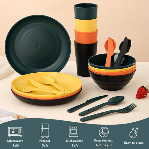 Camping Mess Kit For Four With Plates Bowls Cups Utensils And Carry Bag Food Grade Plastic Outdoor Dinnerware Gear in mixed colors