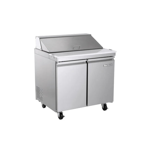 Commercial 7.6 Cu Foot Sandwich Salad Prep Table Refrigerator In Stainless Steel With Smart Digital Controls and open lid.