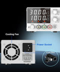 Adjustable DC Power Supply 0 To 30V 0 To 10A With Encoder Knob, features front panel, cooling fan, power socket, and fuse box.