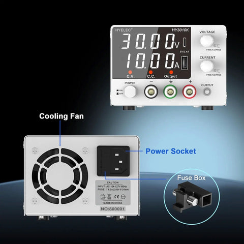 Adjustable DC Power Supply 0 To 30V 0 To 10A With Encoder Knob, features front panel, cooling fan, power socket, and fuse box.