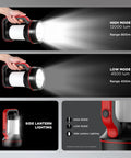 Rechargeable Handheld Spotlight 12000 Lumen LED Flashlight With 10000mAh Battery modes displayed and range highlighted