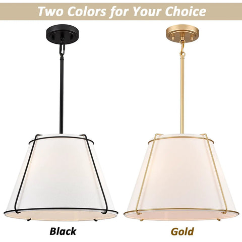 3 Light Gold Pendant Light Featuring White Linen Cone Shade And Sturdy Metal Cage in black and gold color options.
