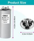 Capacitor Compatible With RV Air Conditioner 50/5uF 5 Percent 370V/450VAC CBB65 with labeled dimensions and connector view