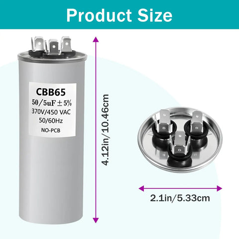 Capacitor Compatible With RV Air Conditioner 50/5uF 5 Percent 370V/450VAC CBB65 with labeled dimensions and connector view