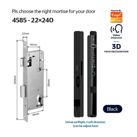 Slick Real Time Intercom Smart Door Lock With Hella Secure 3D Face Recognition And Quick Fingerprint Unlock Straight Up Wireless Smart Lock Featuring No Sweat Tuya App Setup In Glossy Black, showing dimensions and design.