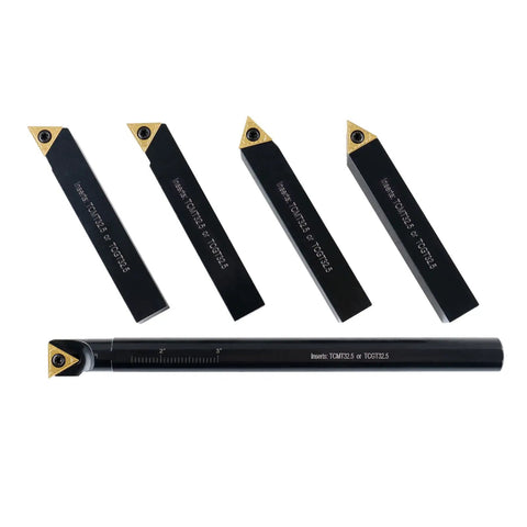Five Eighths Inch Mini Indexable Turning Tool Boring Kit with five holders and TCMT325 inserts, ideal for lathe setup.