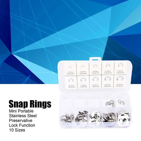 Box of 120 Piece Stainless Steel Snap Ring Set For Shaft Positioning And Engine Piston Connecting Rods E Type Retaining Rings
