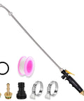 29 Inch Sprayer Wand Replacement With Universal Stainless Tube Brass Barb Fits One Quarter Inch And Three Eighths Inch Hoses Adjustable Watering Wand With Shut Off Valve Includes 2 Hose Clamps And 1 Tape For Grab And Go Setup, shown with accessories.