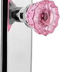 New York Plate Crystal Pink Glass Door Knob Set, Double Dummy, Bright Chrome Finish, 723429, shown on a solid brass plate.