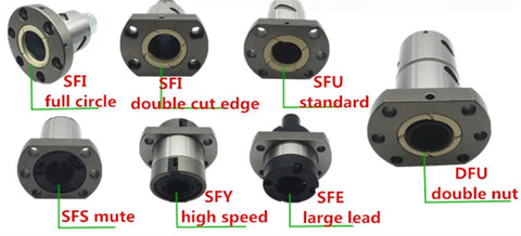 Multiple left hand ball screw nut designs for SFU1605 SFU2005 SFU2505 SFU3205 visible in different configurations.