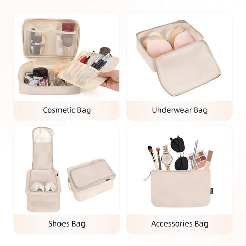 Four cream travel packing cubes showing usage for cosmetics, underwear, shoes, and accessories; part of eight piece packing cubes set for travel luggage organizers in cream that keeps clothes wrinkle free water repellent and ultra durable lightweight and roomy for clothes shoes and accessories on the go.