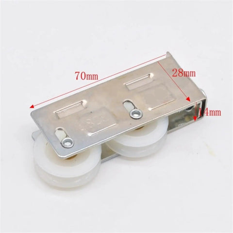 Smooth Operator Double And Single Wheel Sliding Door Pulley Rollers For Vinyl And Aluminum Track Slick Glide Heavy Duty Replacement Parts Four Pack, 70mm metal frame with dual white wheels.