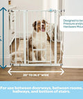 Extra Tall Walk Through Dog Gate For Doorways And Stairs Metal Pet Gate With Small Pet Door Expands From Twenty Nine And A Half To Thirty Six And A Half Inches White Secure Indoor Barrier For Big And Jumpy Dogs shown installed in doorway with dog behind.