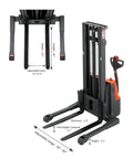 Top Shelf 98 Inch Max Lifting Height Full Electric Walkie Stacker With Straddle Legs And Adjustable Forks showing adjustable fork height and dimensions.