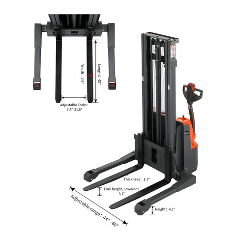 Top Shelf 98 Inch Max Lifting Height Full Electric Walkie Stacker With Straddle Legs And Adjustable Forks showing adjustable fork height and dimensions.