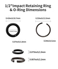 1/2 Inch Impact Wrench Socket Retainer Rings dimensions with O-Rings for tool kits, showing various sizes and thicknesses.