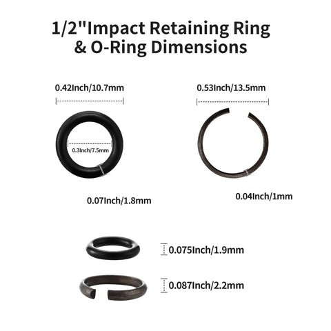 1/2 Inch Impact Wrench Socket Retainer Rings dimensions with O-Rings for tool kits, showing various sizes and thicknesses.