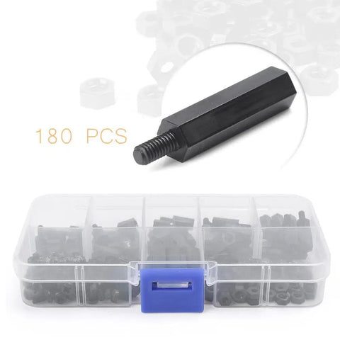 Black M3 Nylon Hex Spacer Standoff Kit 180 Pieces With Male And Female Nuts Screws And Assorted Spacers For DIY Projects 6 To 20mm Lengths 6mm Screw Length M3 Thread 0.5mm Durable Nylon Hardware Set in organizer case