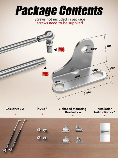 Package contents of 20 Inch Gas Struts With Brackets, 100 Lb Lift, 445N Heavy Duty Lift Support including nuts and mounting brackets.